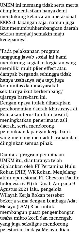 UMKM ini memang tidak serta merta diimplementasikan hanya demi mendukung kelancaran operasional KKKS di lapangan saja...