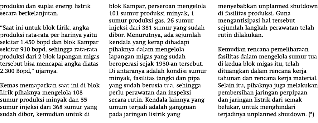 produksi dan suplai energi listrik secara berkelanjutan. “Saat ini untuk blok Lirik, angka produksi rata-rata per har...