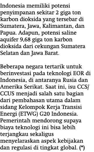 Indonesia memiliki potensi penyimpanan sekitar 2 giga ton karbon dioksida yang tersebar di Sumatera, Jawa, Kalimantan...