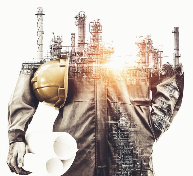 Future factory plant and energy industry concept in creative graphic design. Oil, gas and petrochemical refinery factory with double exposure arts showing next generation of power and energy business.