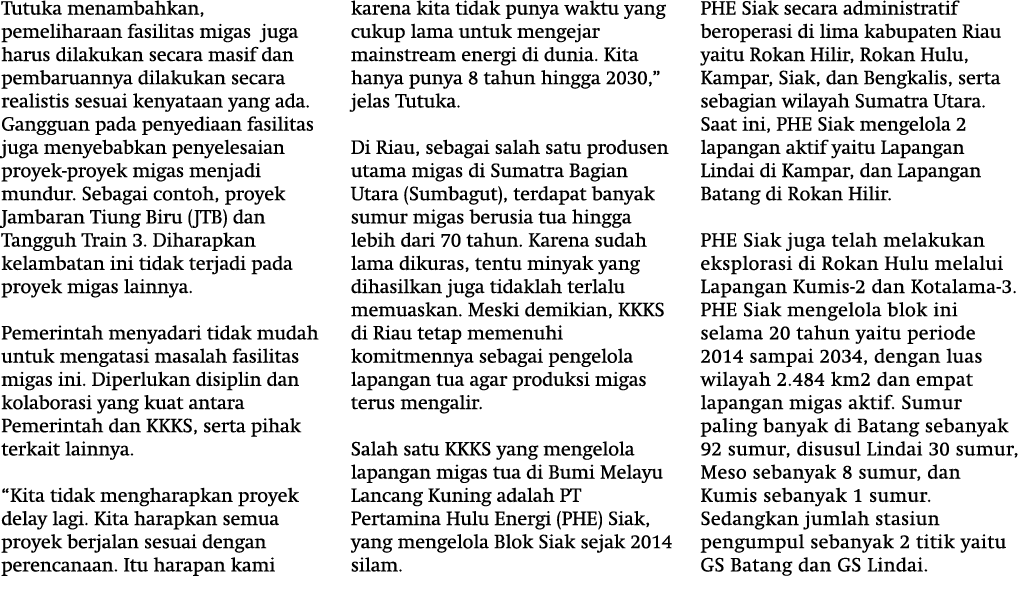 Tutuka menambahkan, pemeliharaan fasilitas migas  juga harus dilakukan secara masif dan pembaruannya dilakukan secara...