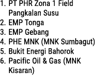 1. PT PHR Zona 1 Field Pangkalan Susu 2. EMP Tonga 3. EMP Gebang 4. PHE MNK (MNK Sumbagut) 5. Bukit Energi Bahorok 6....