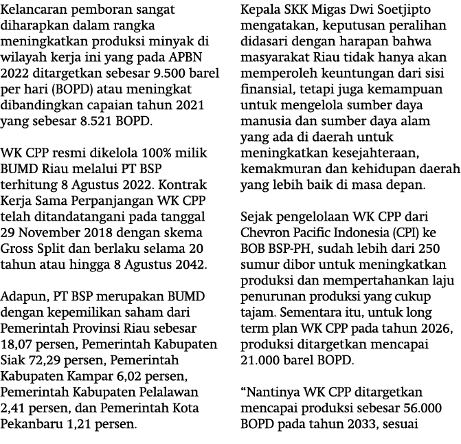 Kelancaran pemboran sangat diharapkan dalam rangka meningkatkan produksi minyak di wilayah kerja ini yang pada APBN 2...